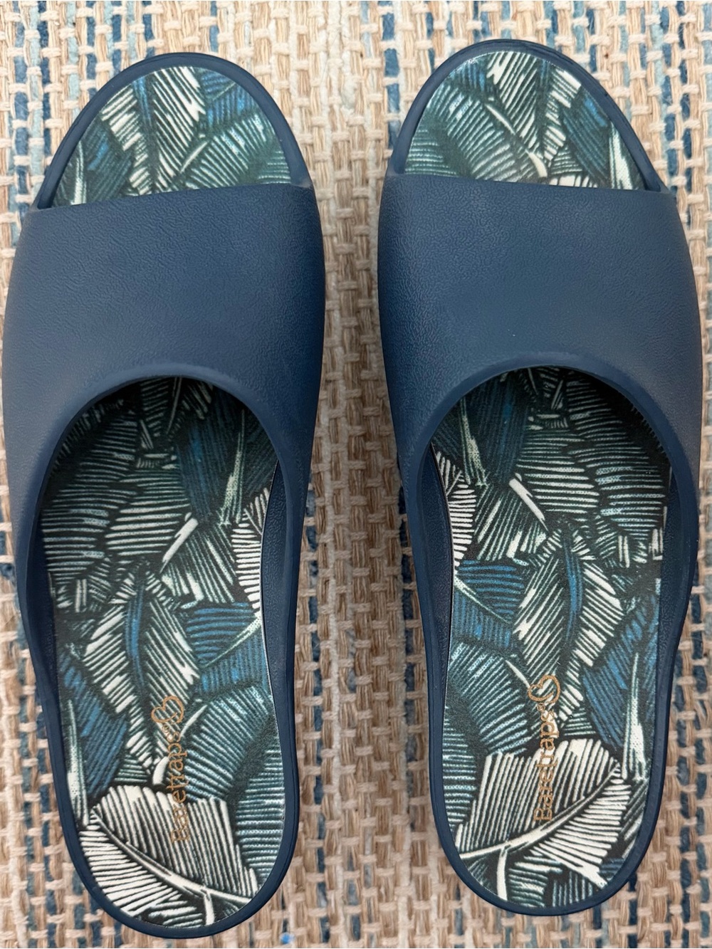 BareTraps Navy Slide Mules with Patterned Footbed
